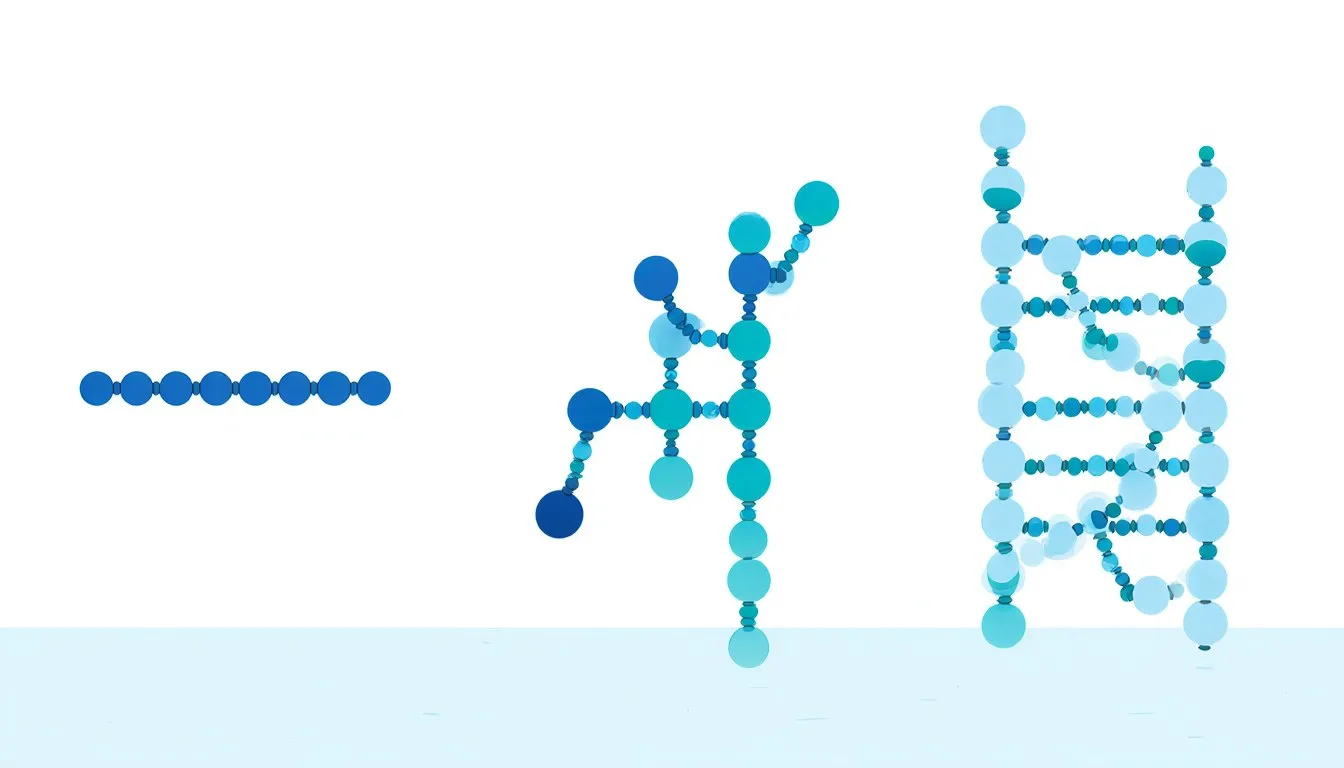 Three polymer chains illustrated as beaded strands: one straight, one branched, one cross-linked pair