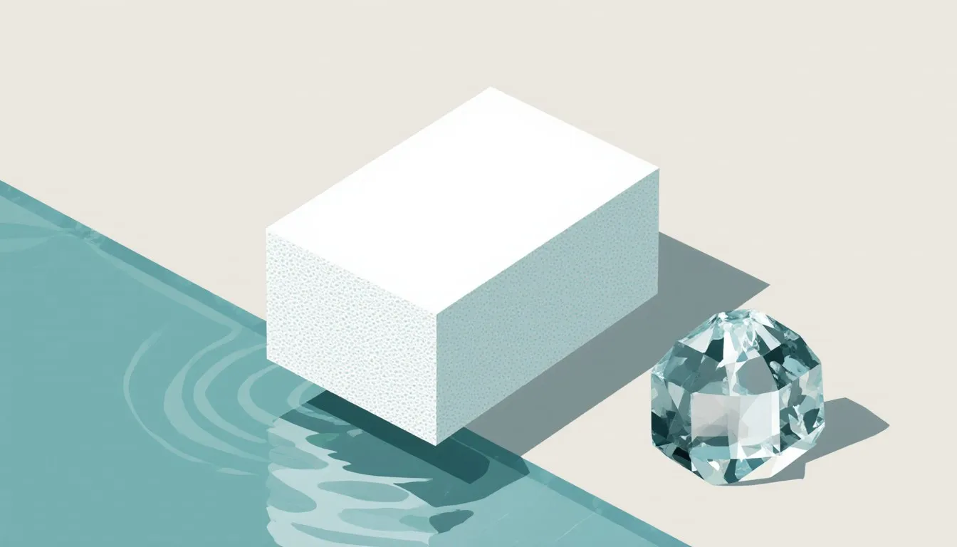 A block of white foam floats on water beside a clear glassy shard, showing polystyrene's buoyant and crystalline forms