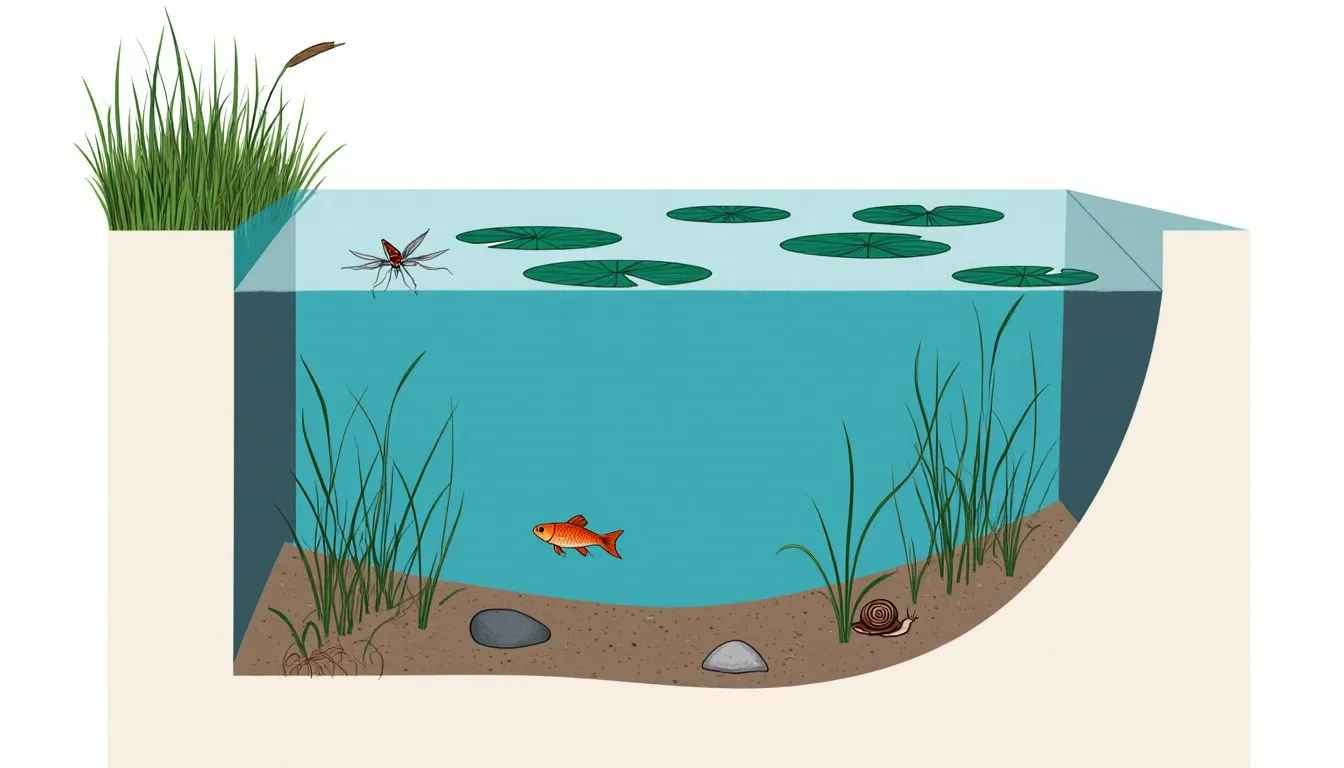 Cross-section illustration of a pond showing shore, surface lily pads, open water with a fish, and a silty bottom with a