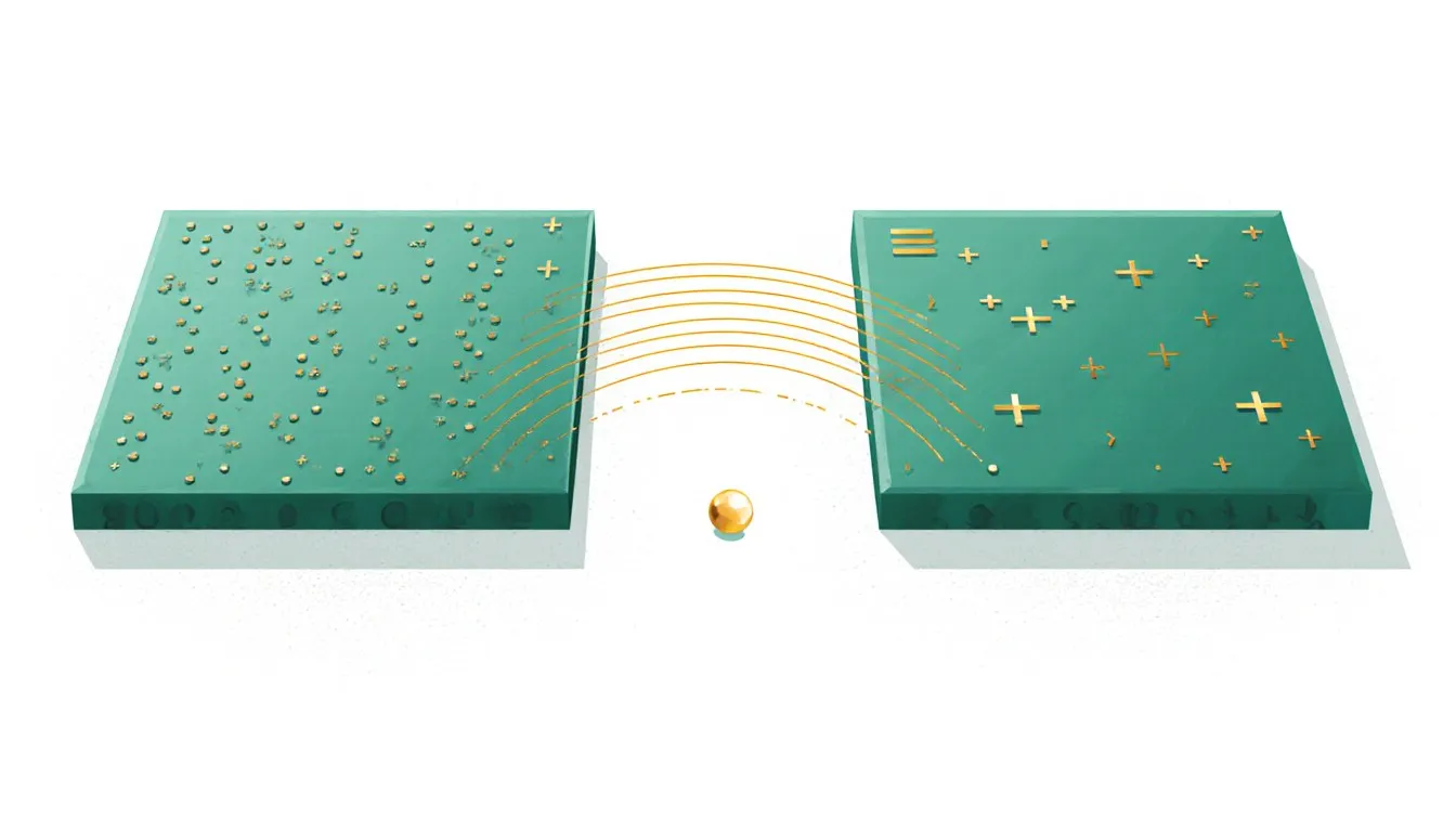 Illustration of a charged particle pulled along curved field lines between two oppositely charged plates, showing electric