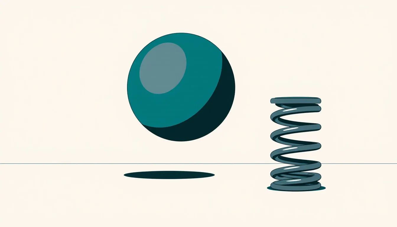 A raised sphere above a surface beside a compressed coiled spring, illustrating stored potential energy