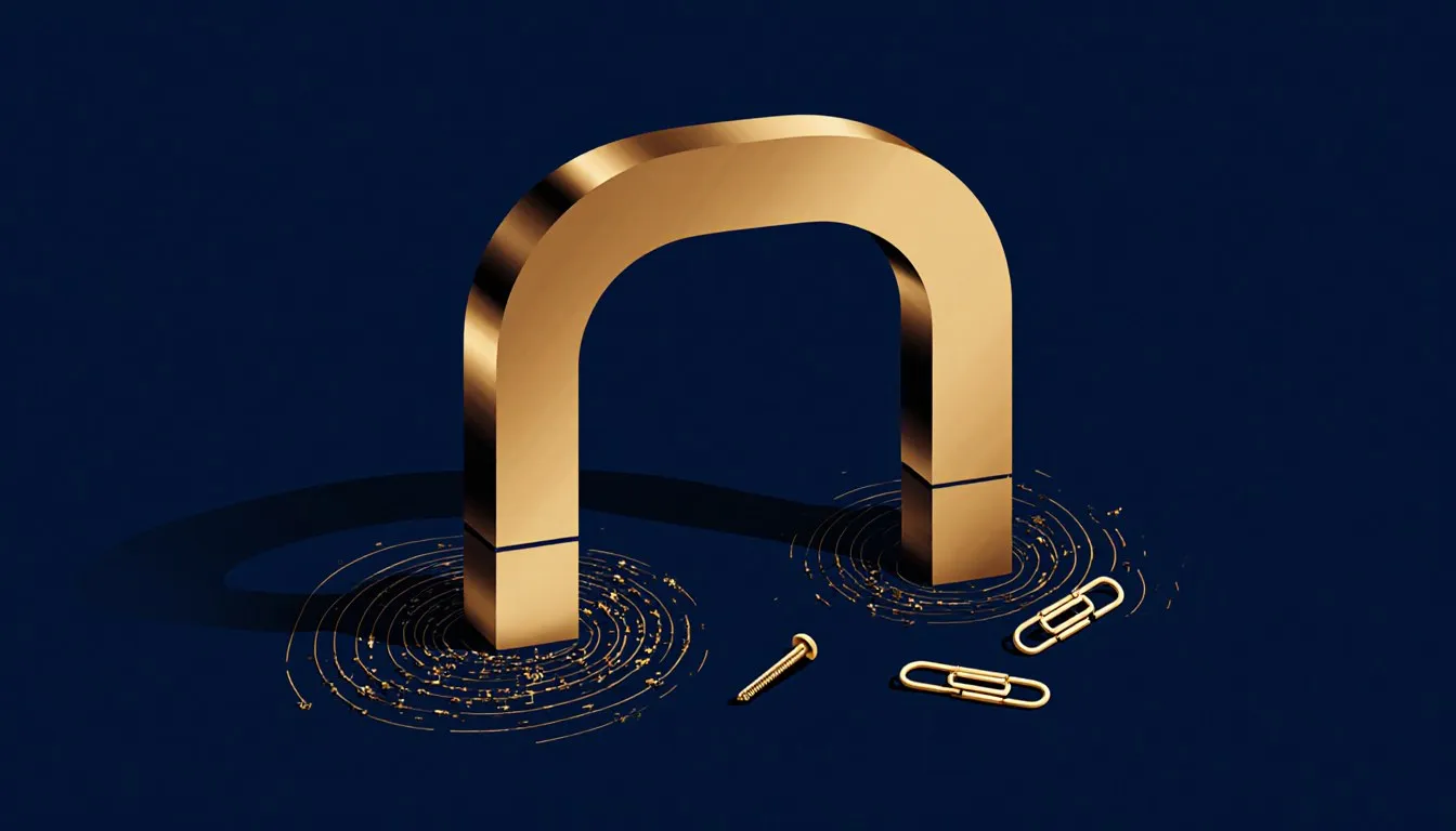 A horseshoe magnet draws iron filings into curved arcs, illustrating the magnetic field of a ferromagnetic material.