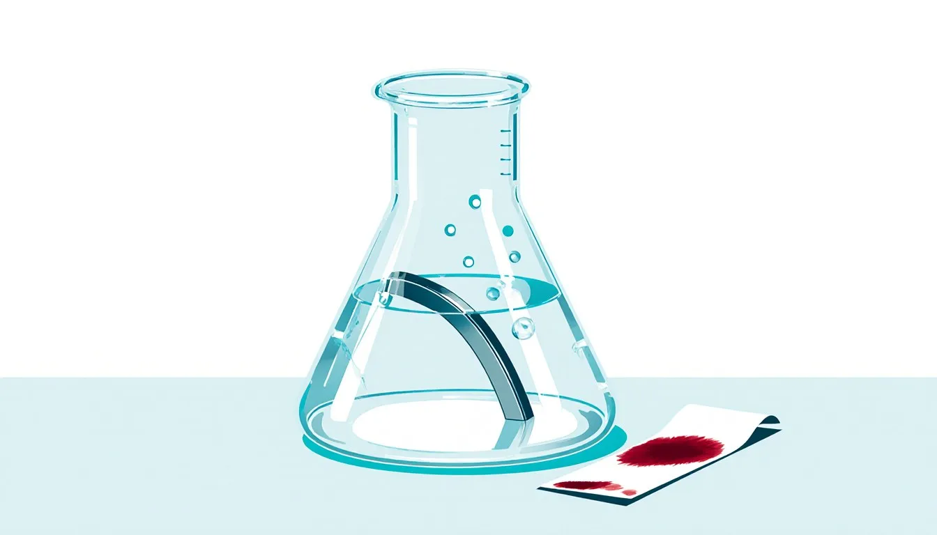 Illustration of acid reacting with metal in a beaker, releasing bubbles, beside red litmus paper