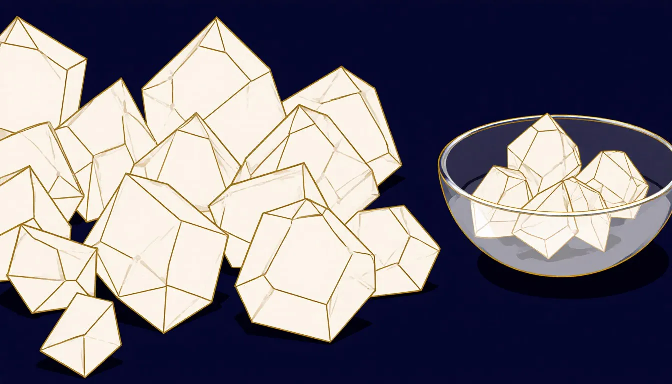 Illustration of white crystalline calcium chloride pellets piled beside a glass dish, the compound discussed in this