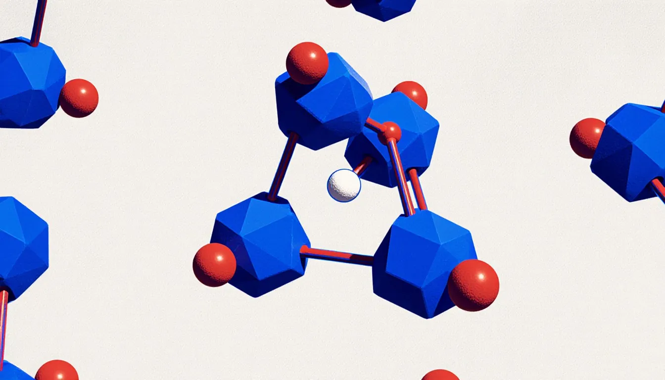 Stylized illustration of linked SiO4 tetrahedra forming the three-dimensional molecular lattice of silicon dioxide