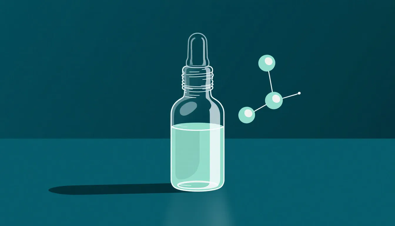 A glass vial of clear propylene glycol liquid beside a simple molecular structure diagram