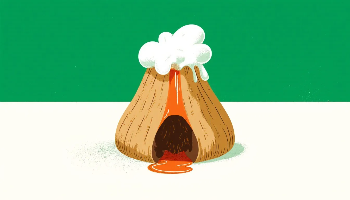 Illustration of a baking-soda volcano foaming over on a green ground
