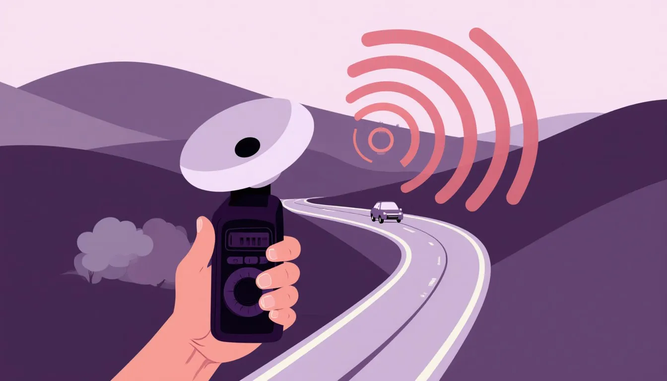 A radar speed gun aims radio-wave arcs across a curving road through hills toward a distant car.