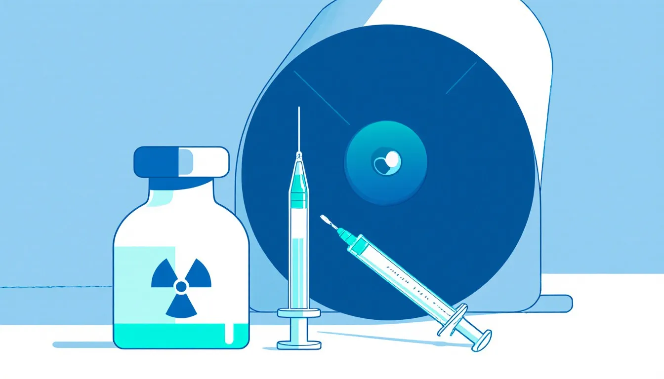 A radioactive isotope vial with a radiation symbol, a syringe, and a gamma camera scanner used in nuclear medicine