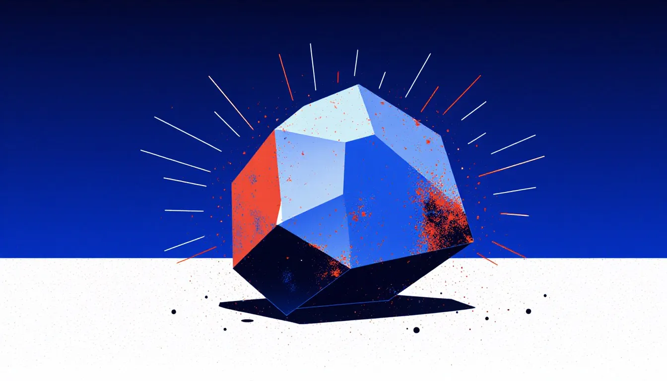 Illustration of a luminous chunk of radium metal, glowing pale white with one darkened edge and faint radiating particle