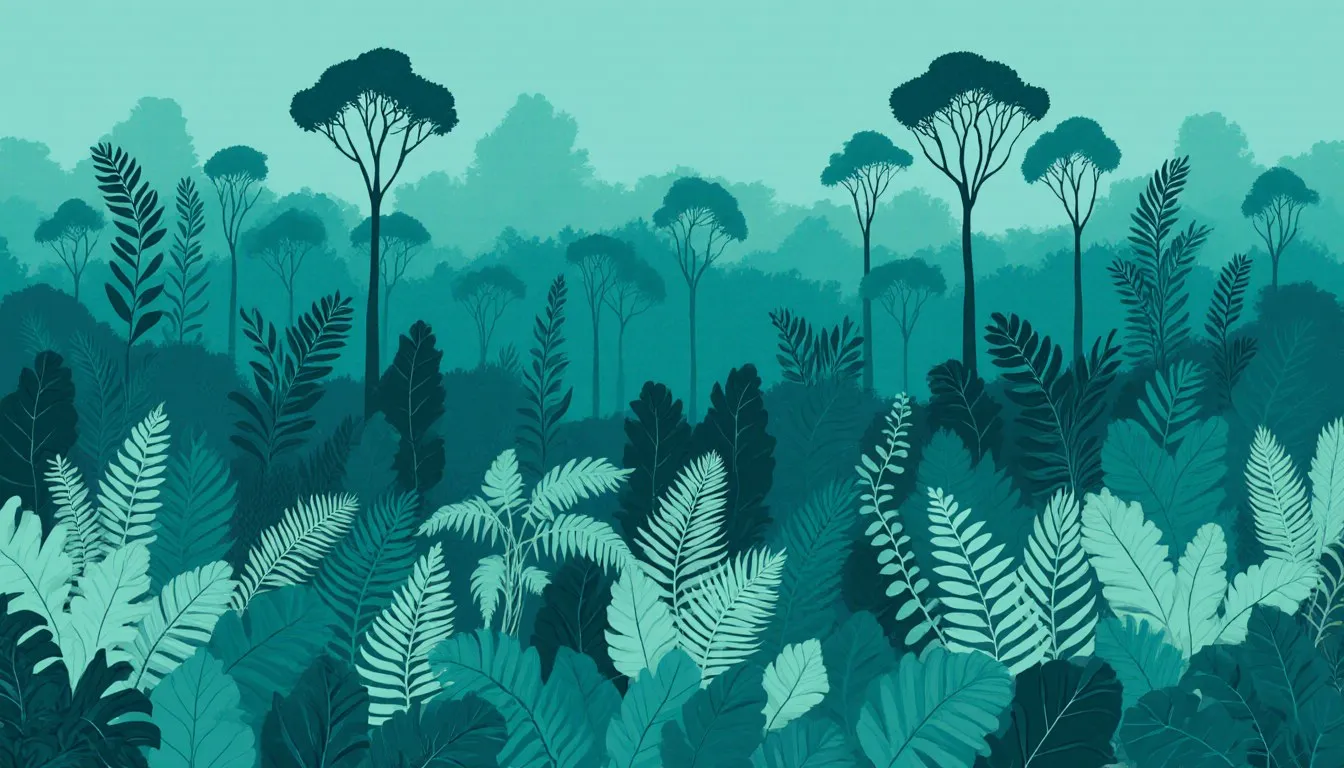 A layered rainforest scene showing the forest floor, mid-canopy, and towering emergent trees rising above the rest