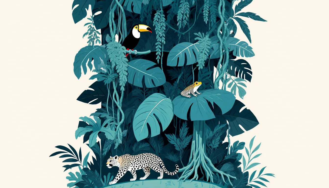 A rainforest scene with a toucan in the canopy, a tree frog on a leaf, and a jaguar on the forest floor.