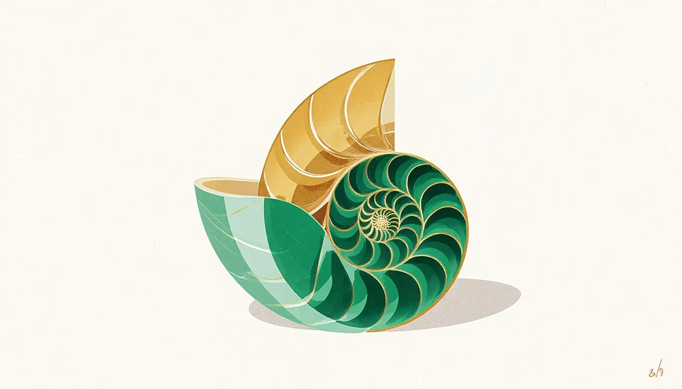 Illustration of a nautilus shell cut open to show its golden spiral chambers