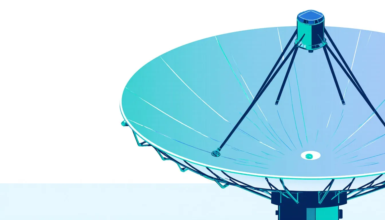 A satellite dish in profile, its curved parabolic reflector aiming toward a small receiver at the focal point.