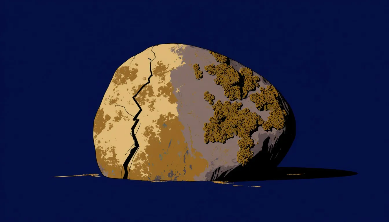 A weathered boulder showing a deep crack, rust-stained pitting, and patches of lichen on its surface
