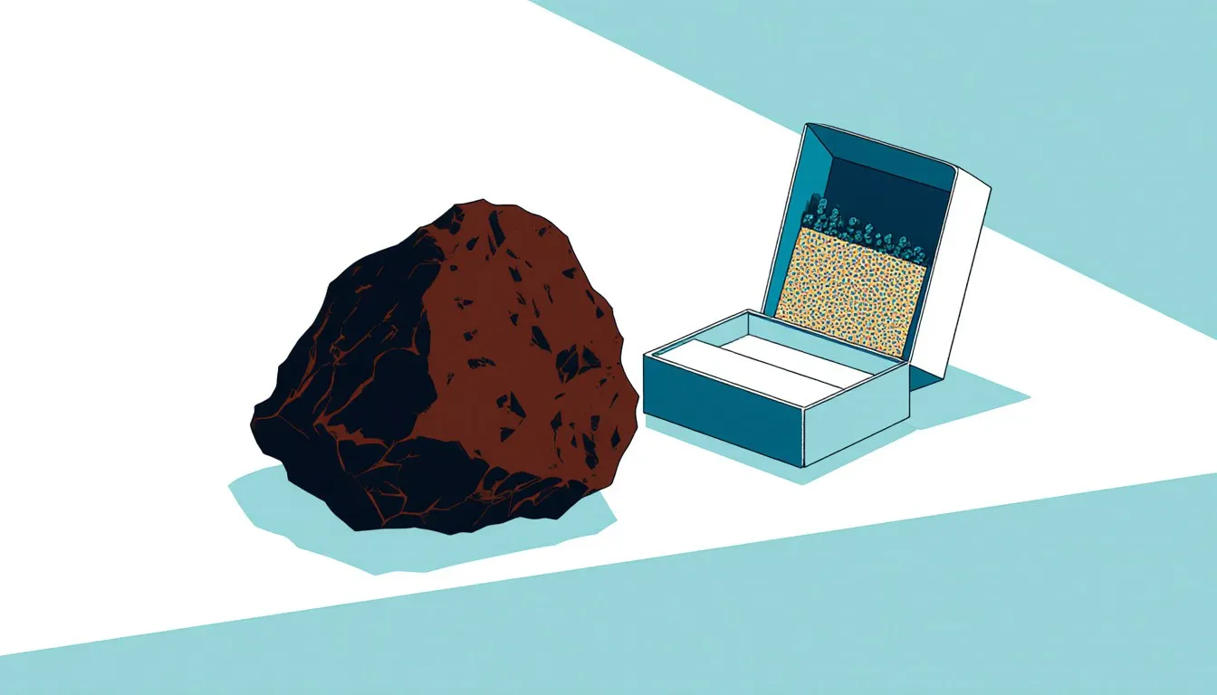 A lump of red phosphorus beside an open matchbox showing its coarse striking strip
