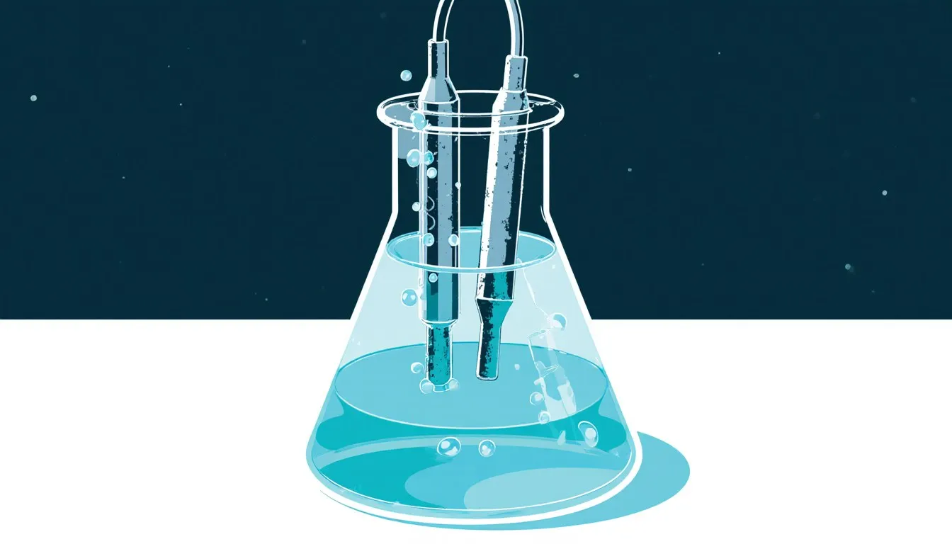 Two metal electrodes in a beaker of liquid with bubbles rising, illustrating a redox reaction