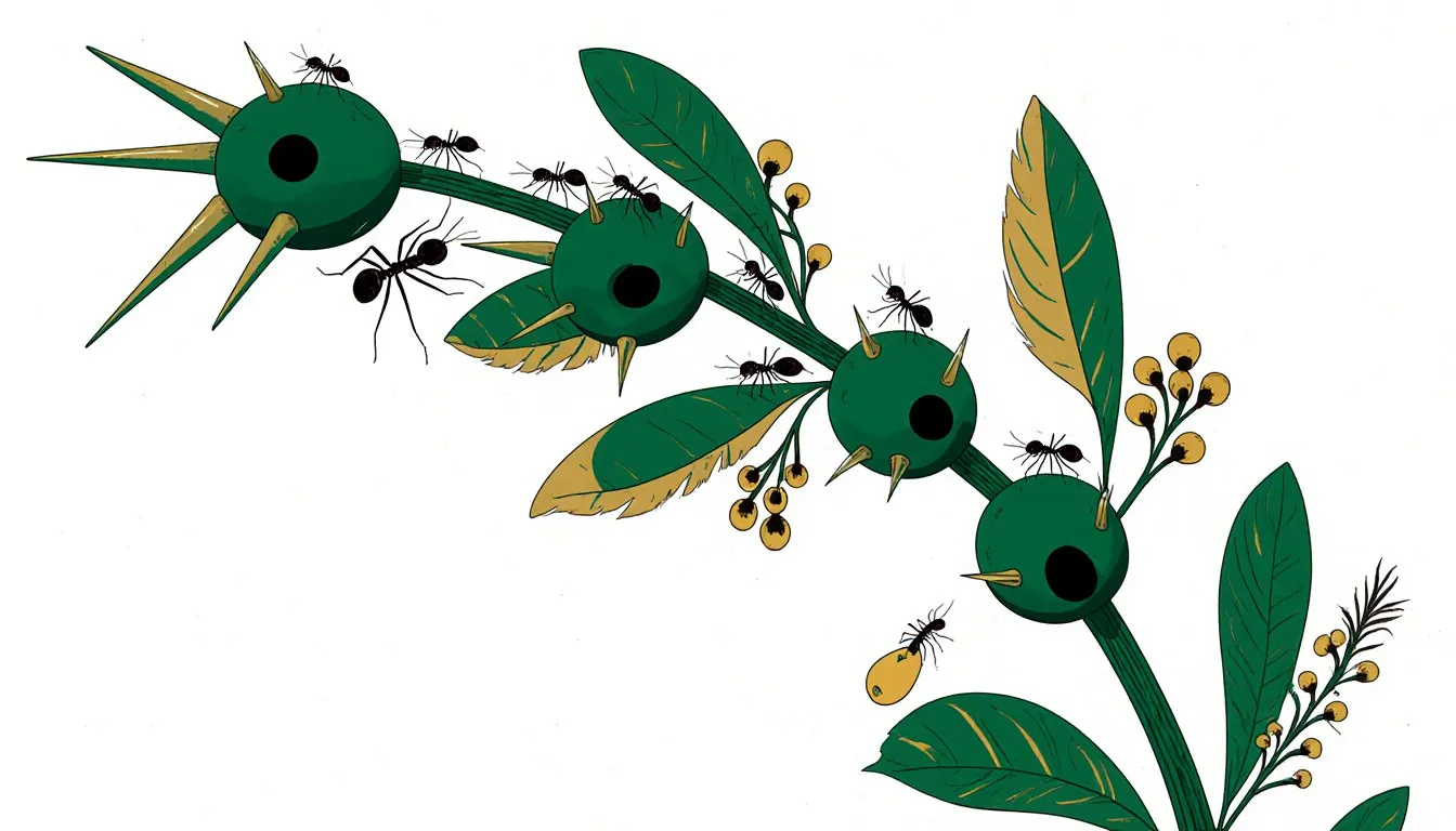 Illustration of an acacia branch with hollow thorns sheltering ants beside leaflets bearing small food bodies