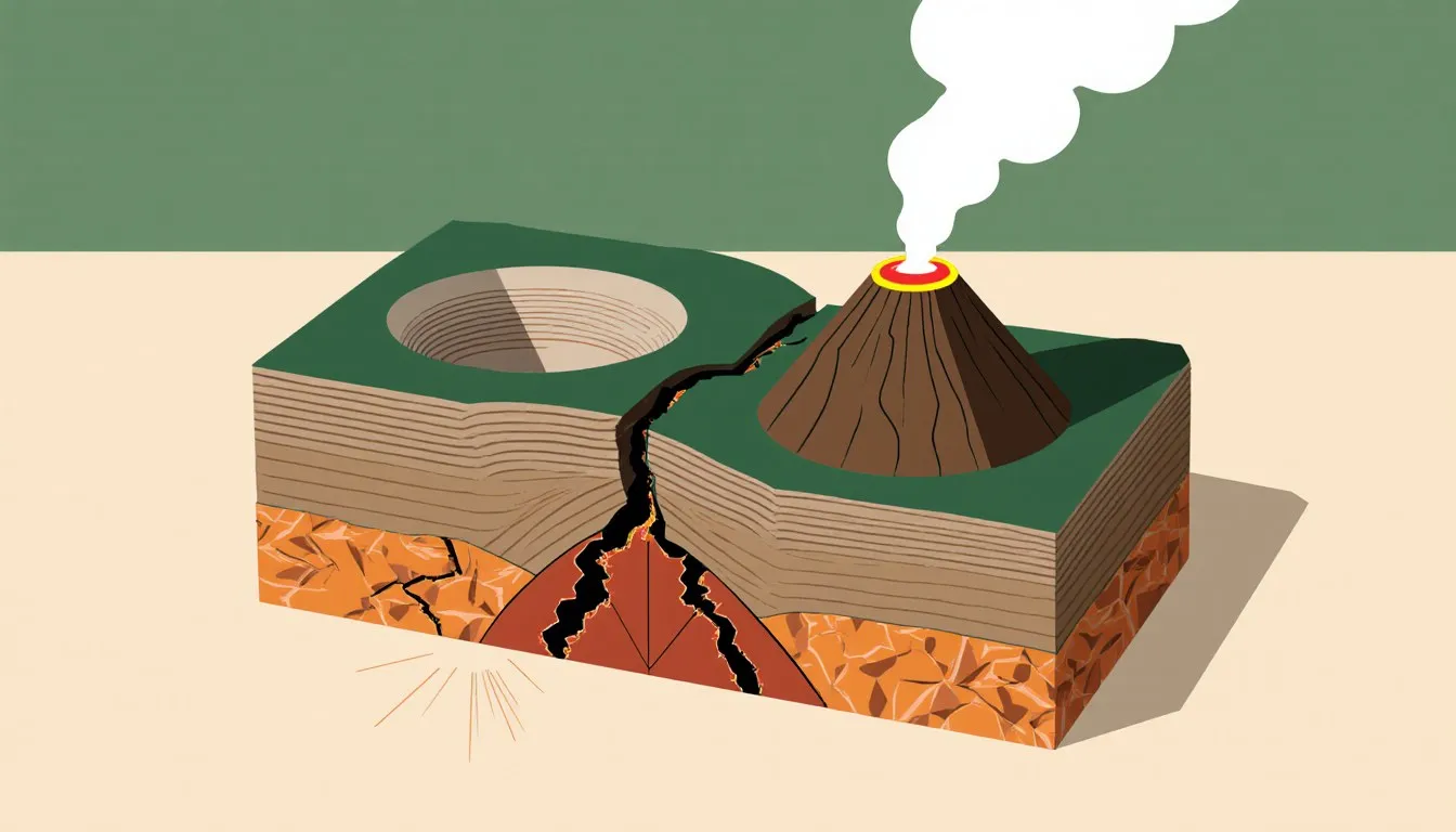 Cross-section of a volcano with a magma chamber connected to a fault line, illustrating how earthquakes and eruptions relate
