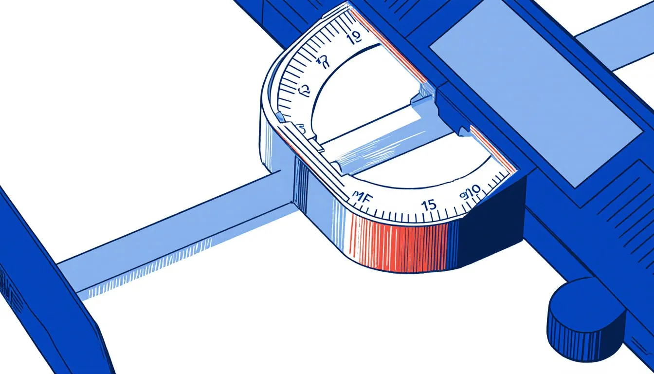 Illustration of a caliper measuring a rod with a small gap between the tool's mark and the rod's true edge, evoking relative