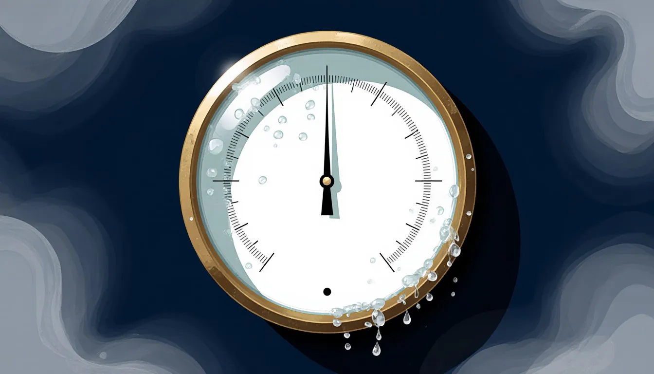 A brass hygrometer with a blank, condensation-beaded dial and its needle at mid-scale, mounted on a foggy wall