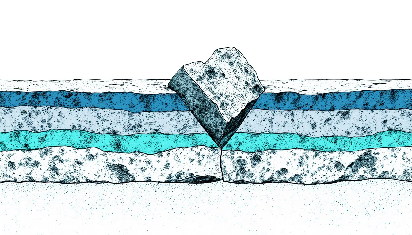 A carved stone artifact fragment embedded within layered rock strata in cross-section