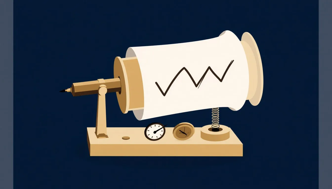 A seismograph with a needle tracing a jagged earthquake waveform across a paper drum