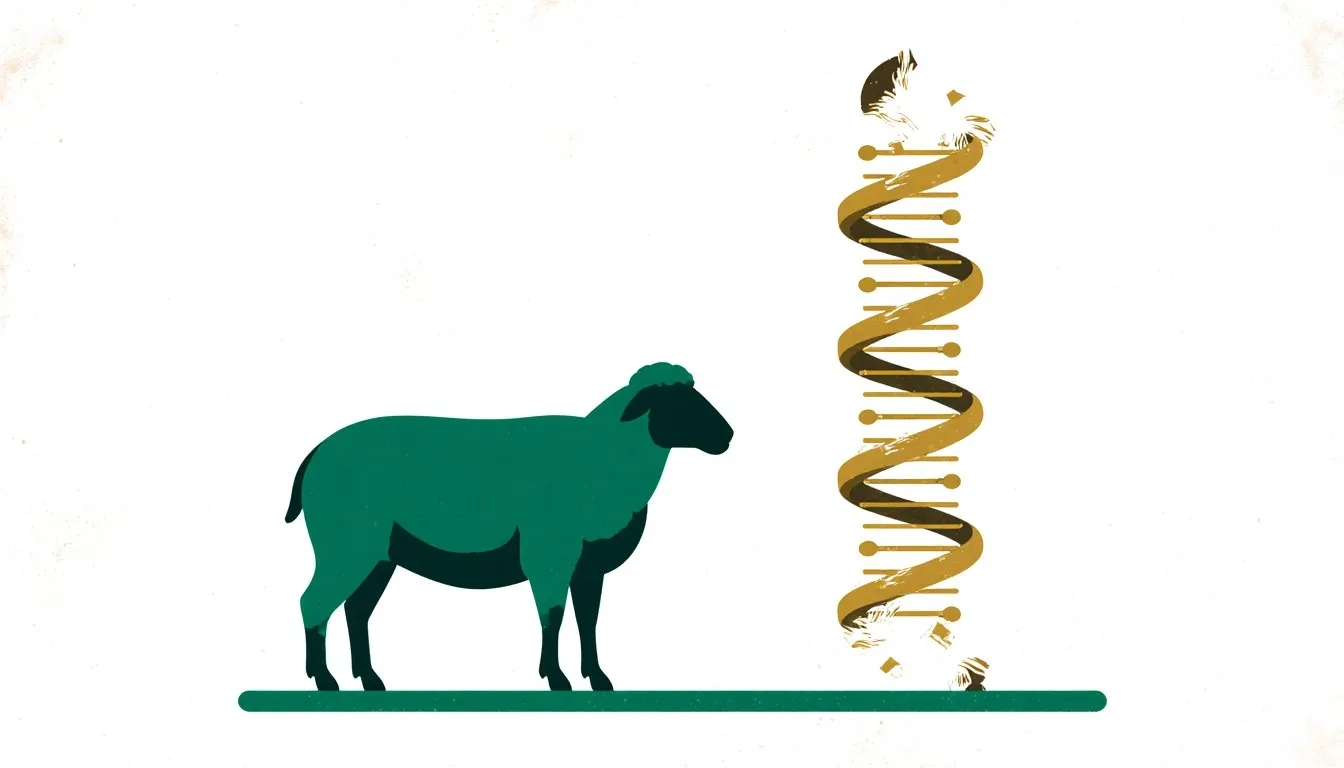 Illustration of a sheep beside a DNA double helix with frayed, shortened strands at one end