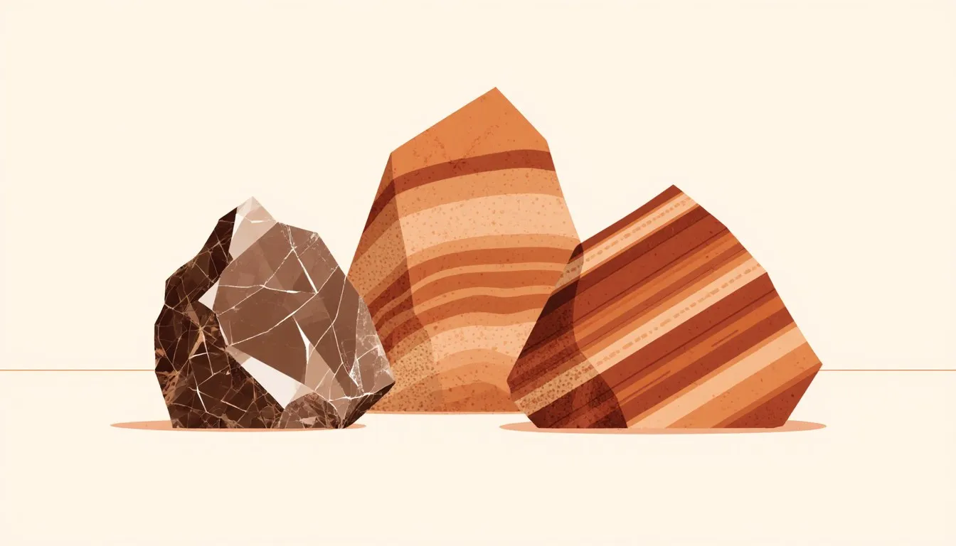 Three rock specimens with crystalline, layered, and banded textures, representing igneous, sedimentary, and metamorphic rock.