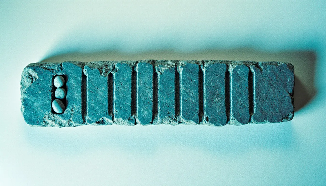 A weathered ancient Roman counting board with carved grooves and rounded counting stones