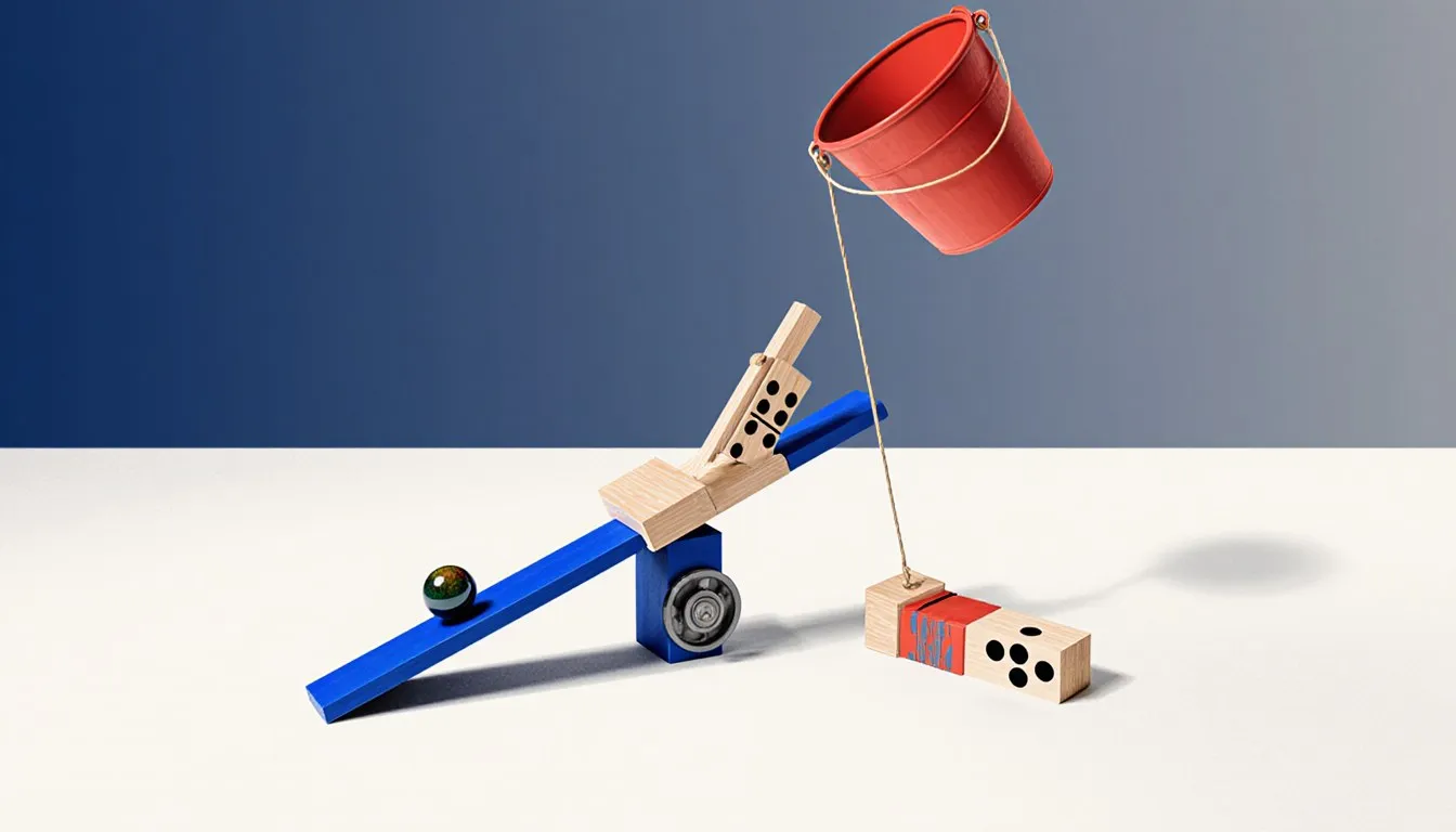 A tabletop Rube Goldberg contraption with a marble, ramp, lever, and pulley linked in a chain reaction