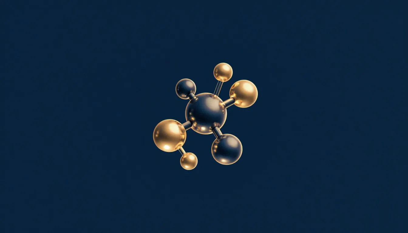 Stylized molecule of bonded spheres with glowing shading showing uneven charge between atoms