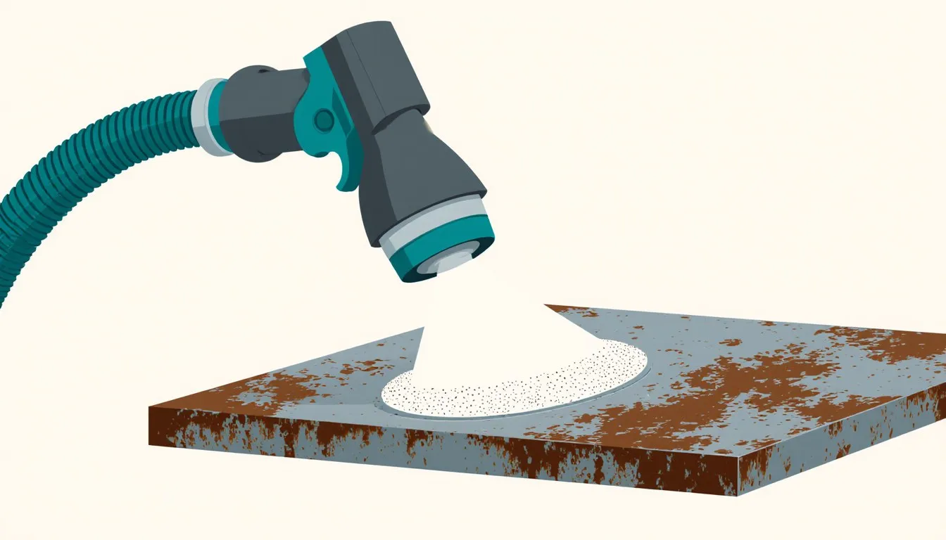 A sandblasting nozzle blasts abrasive grit across a rusted metal panel, stripping a clean swath to bare metal.