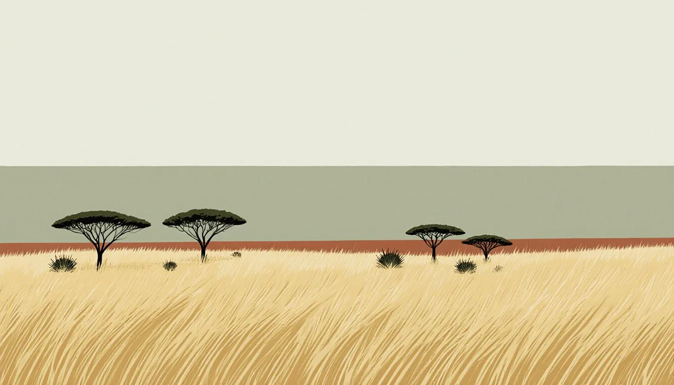 A savanna landscape of golden grassland dotted with scattered acacia trees under an open sky