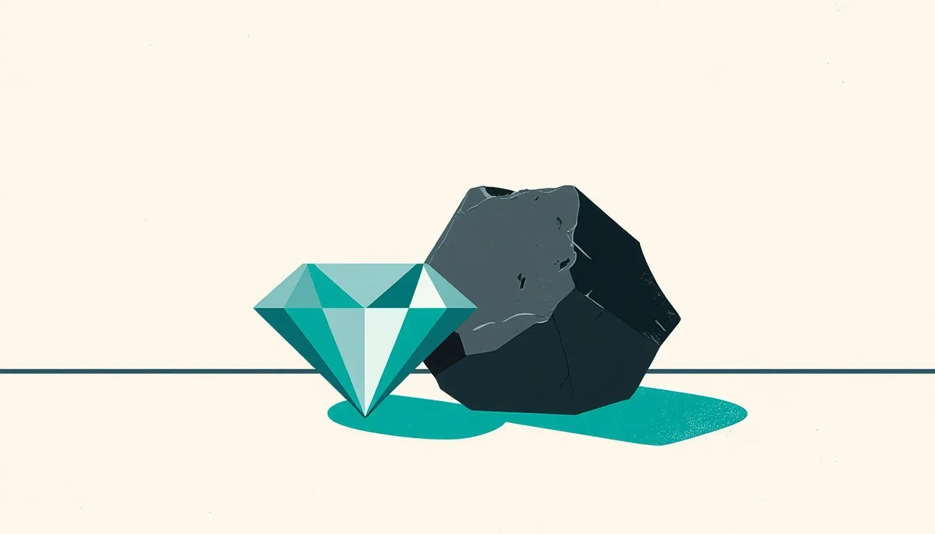 Illustration of a cut diamond beside a lump of coal, the myth that one comes from the other