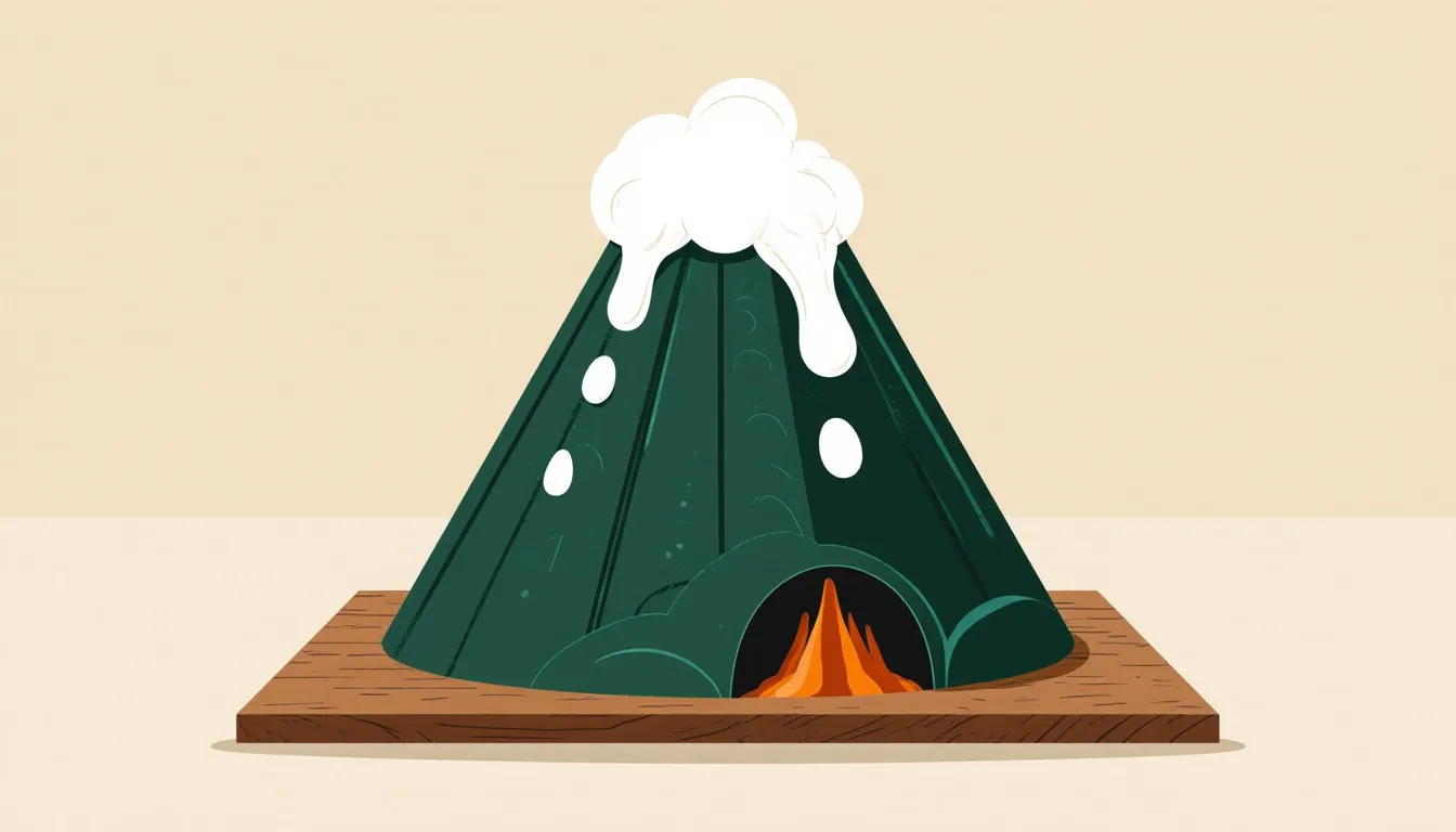 A clay volcano model erupting with foam on a wooden base, like a science fair project.