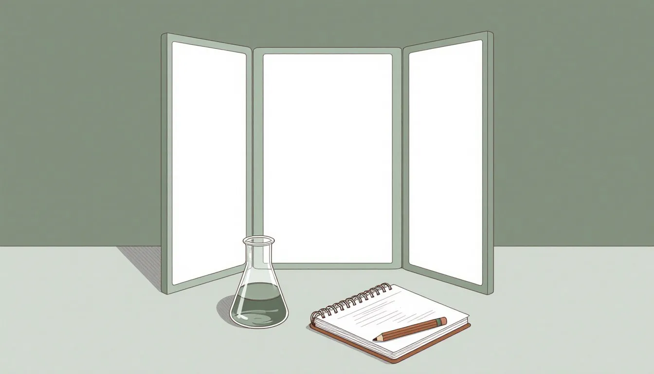 Illustration of a blank trifold project board with a flask and notebook in front