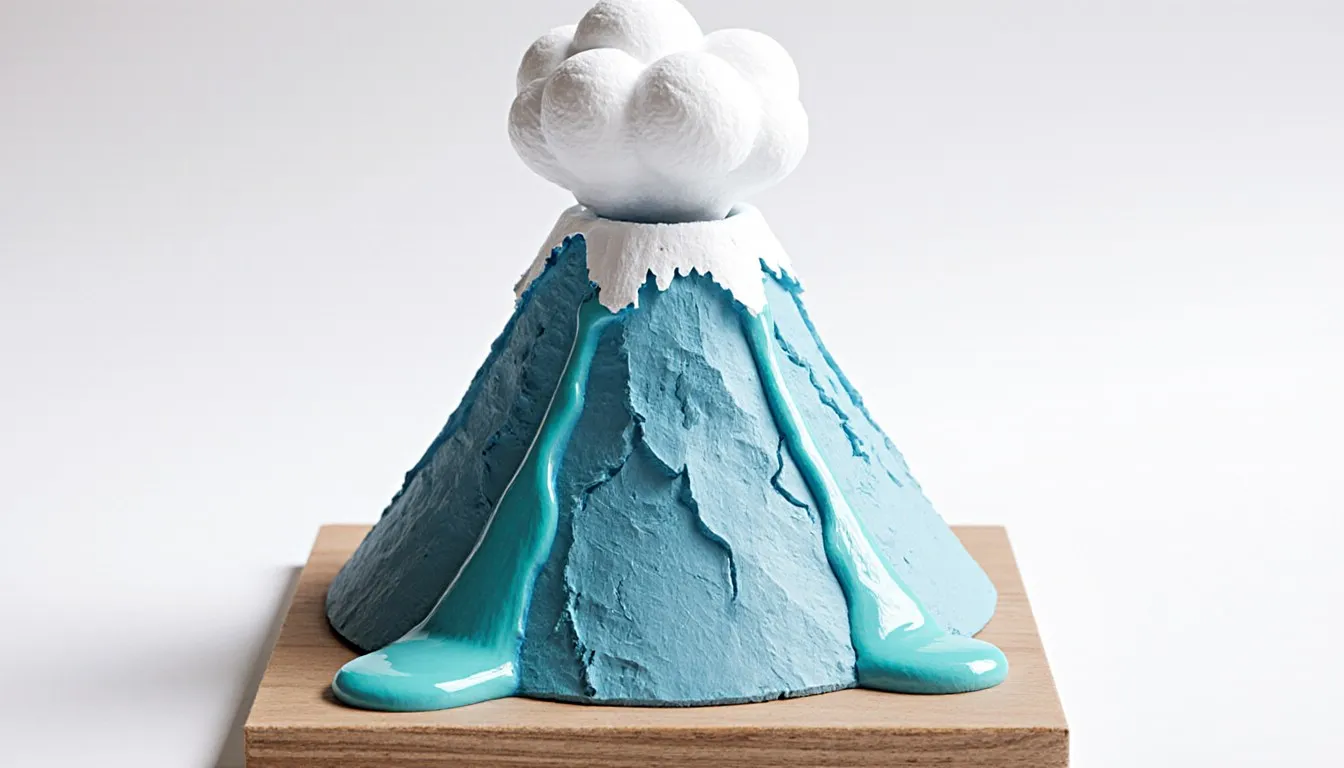 A homemade papier-mâché volcano science fair model erupting with foamy overflow on a display board
