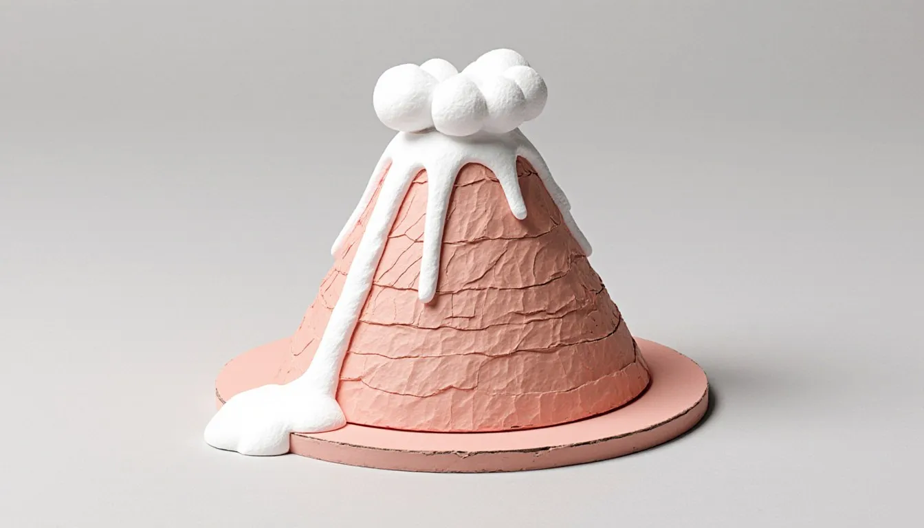 A tabletop volcano science-fair model erupting with foamy overflow down its cone