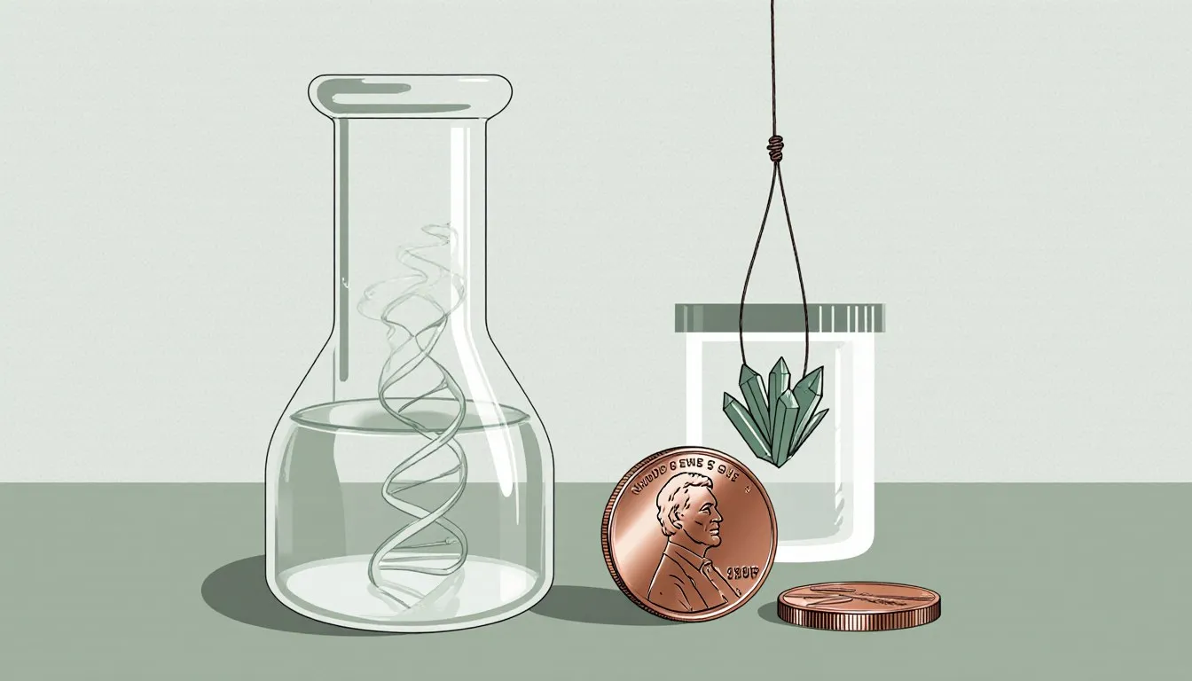 Test tube with extracted DNA strand, a copper-plated penny, and a crystal cluster grown on string