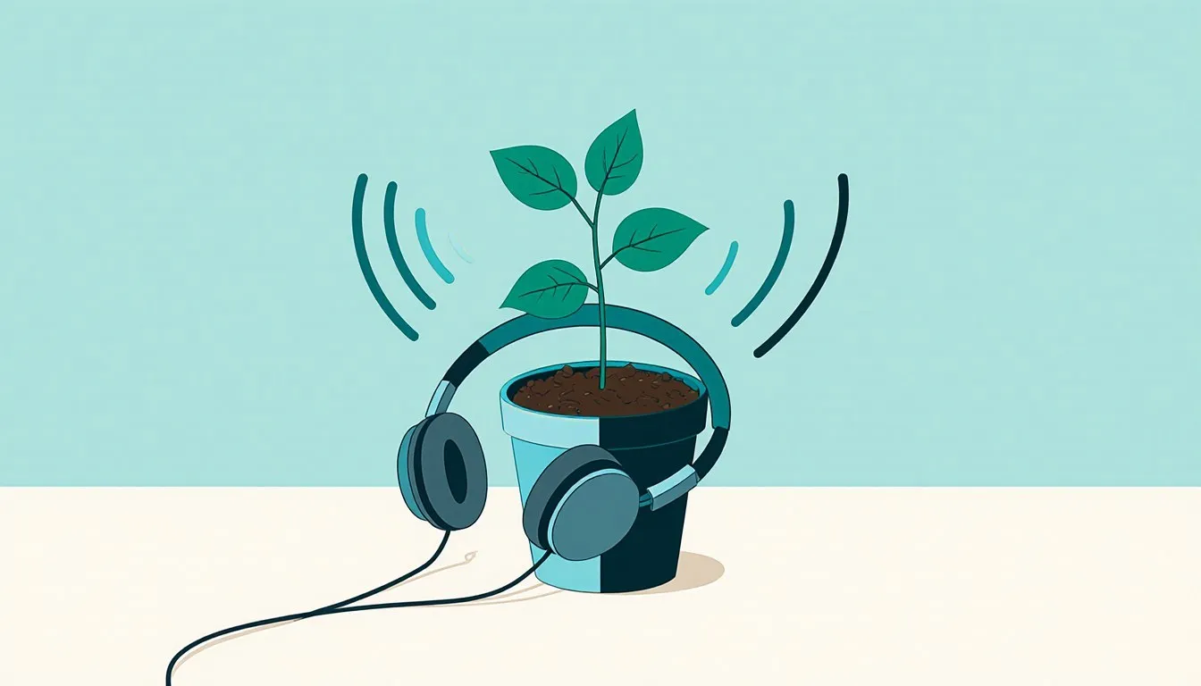 Illustration of a potted seedling wearing headphones with sound waves rising around it