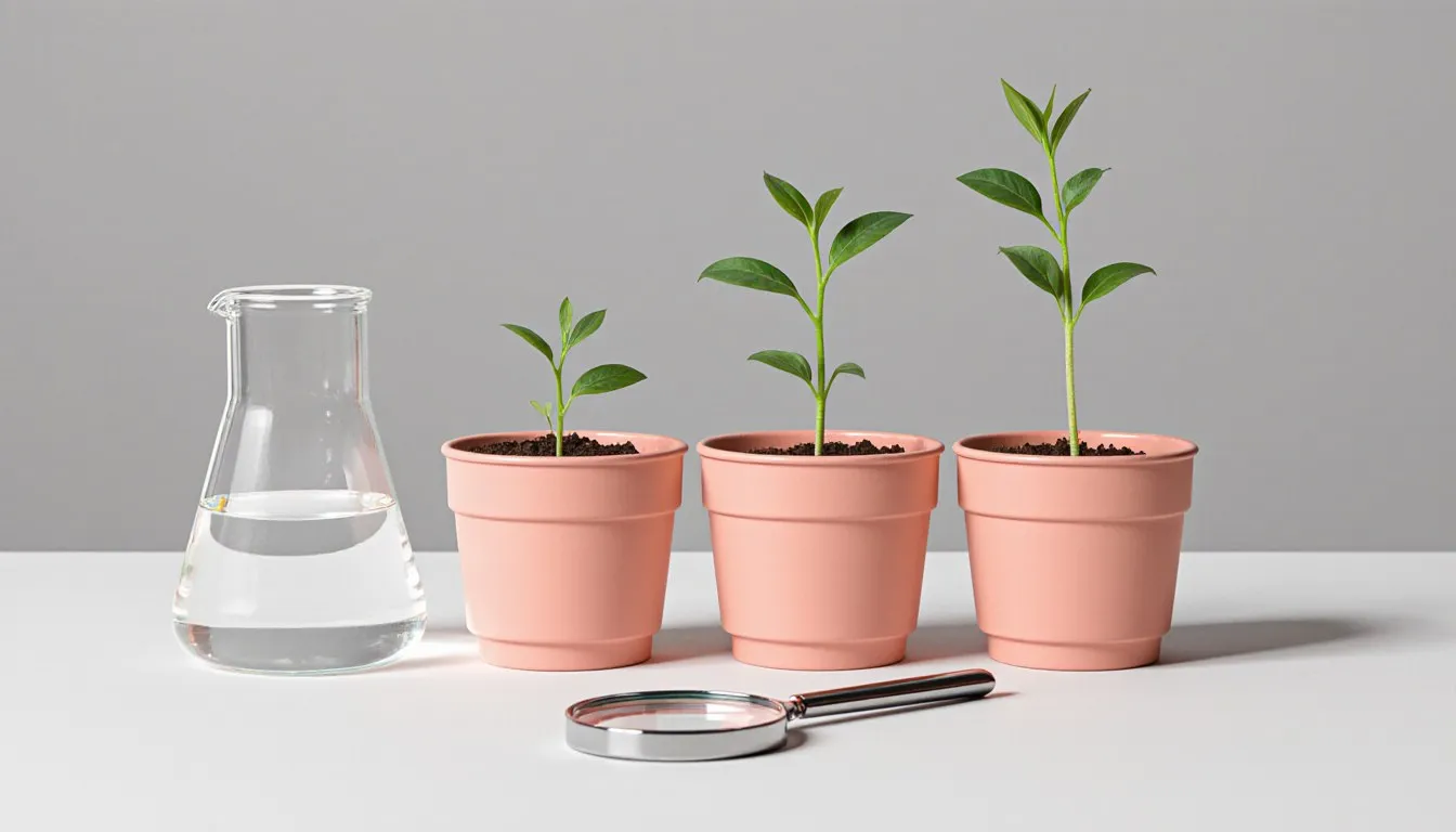 Three seedlings of increasing height in identical pink pots beside a beaker of water and a magnifying glass