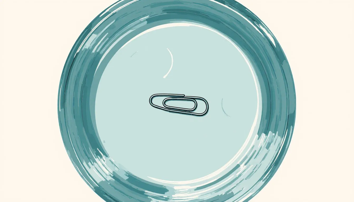A paperclip floating on the surface of a glass of water, illustrating a surface tension science fair experiment