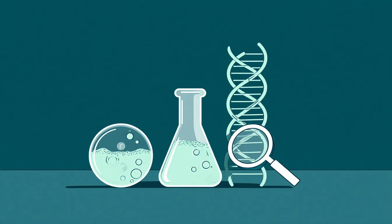 A beaker, a DNA double helix model, and a magnifying glass arranged together as symbols of science terminology