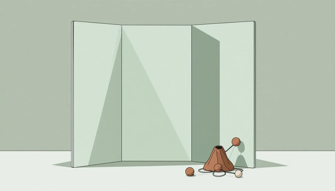 Illustration of a trifold display board standing behind a small volcano model