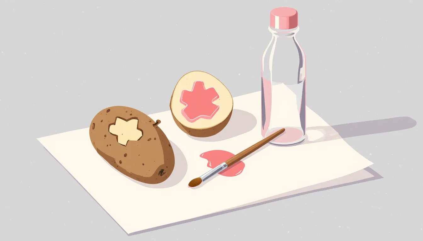 A carved potato stamp, paintbrush, and small plastic bottle arranged on card stock, evoking hands-on science activities.