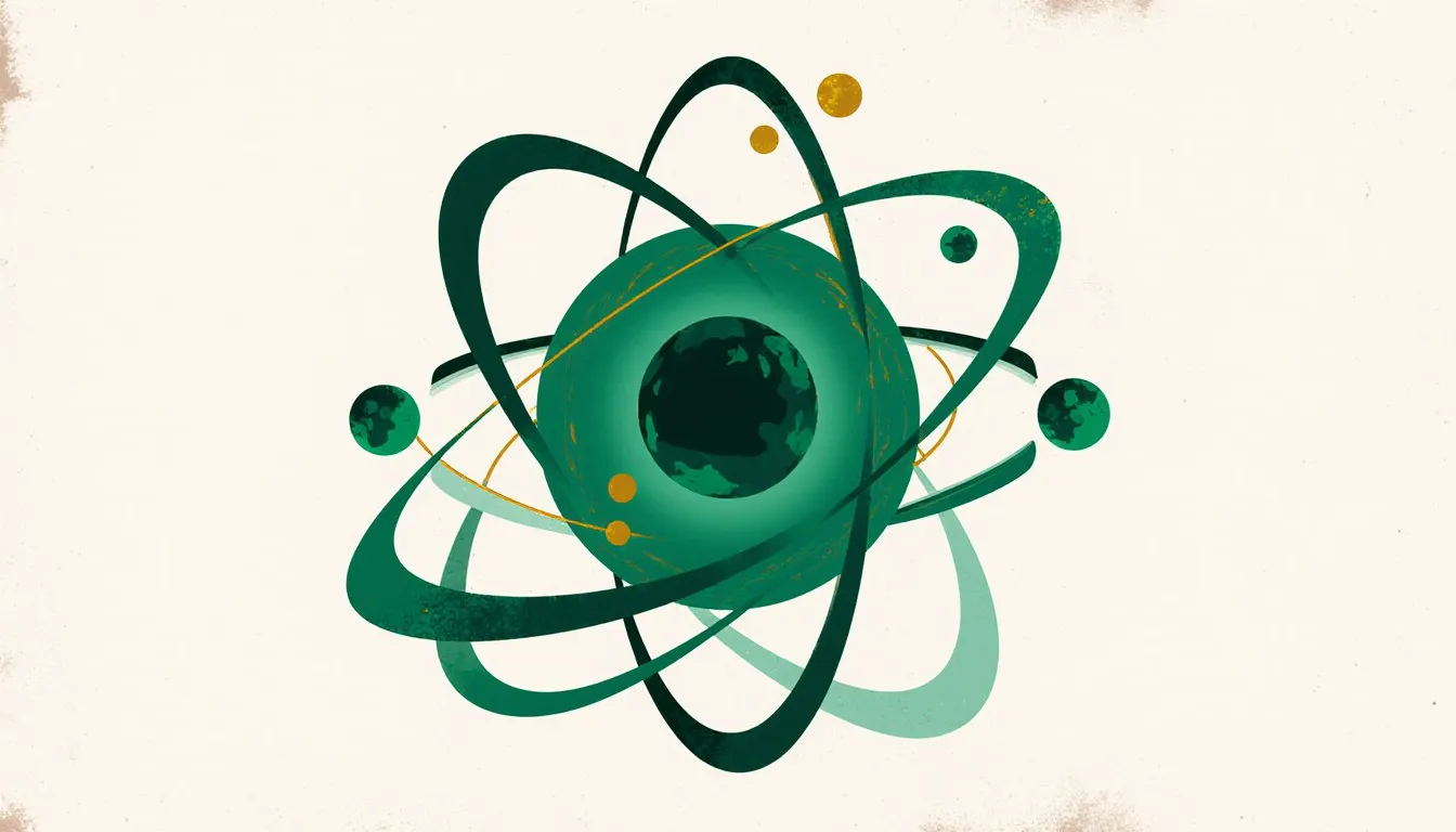 Stylized atomic diagram of seaborgium, a dense nucleus encircled by sweeping electron orbital rings