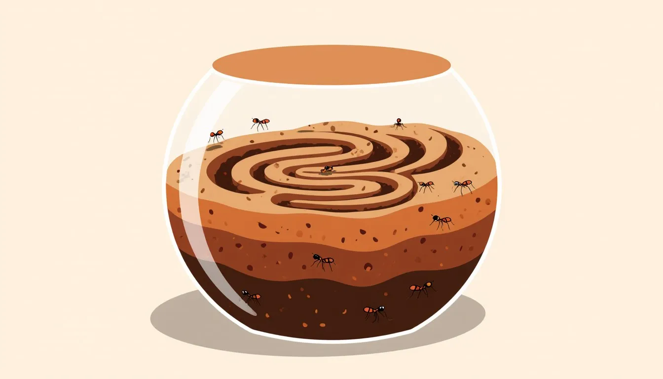 Illustration of a glass ant farm with tunneled soil, representing a classroom invention project idea