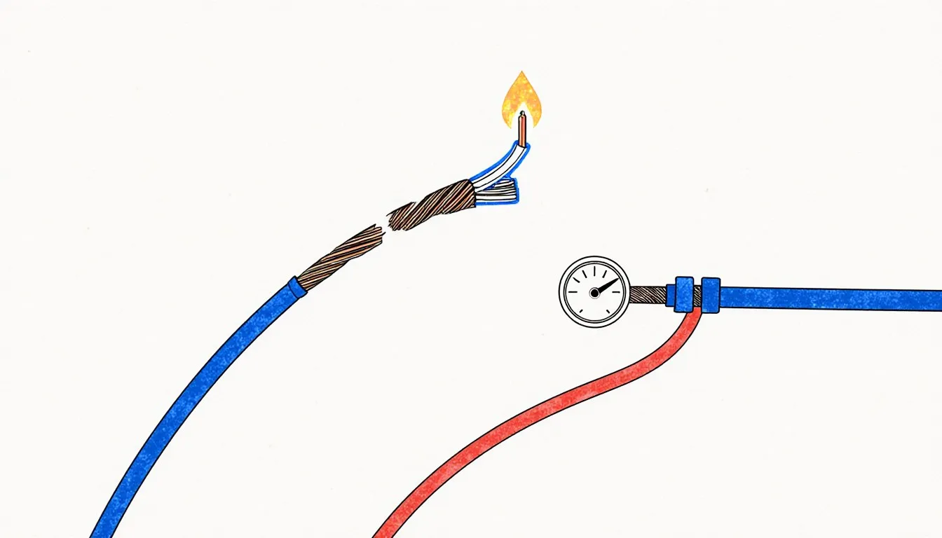 Two dissimilar metal wires joined at a heated junction and looped to a voltage gauge, illustrating the Seebeck effect