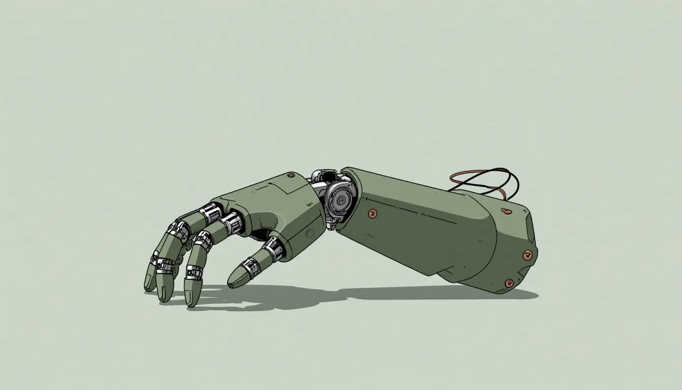 A mechanical robotic hand with articulated fingers and visible joints, representing a student engineering project.